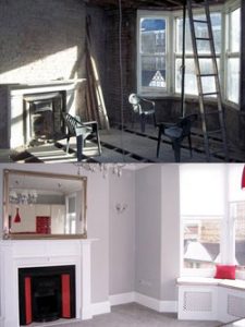 View of the front room before and after renovation