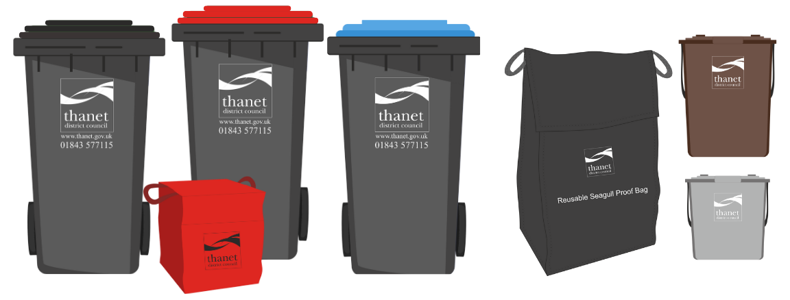 Illustrations of Thanet District Council's bins. These include general waste, recycling, seagull sacks, food waste.