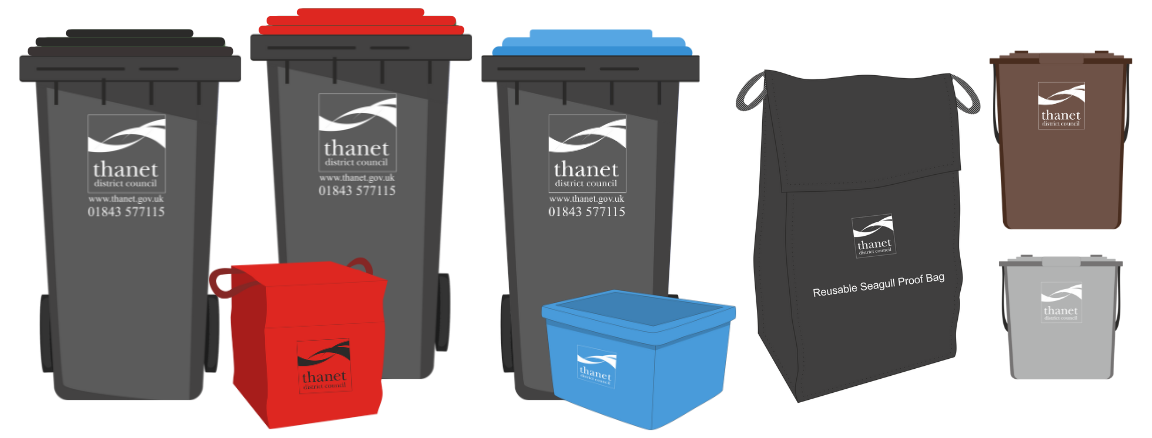 Illustrations of Thanet District Council's bins. These include general waste, recycling, seagull sacks, food waste.