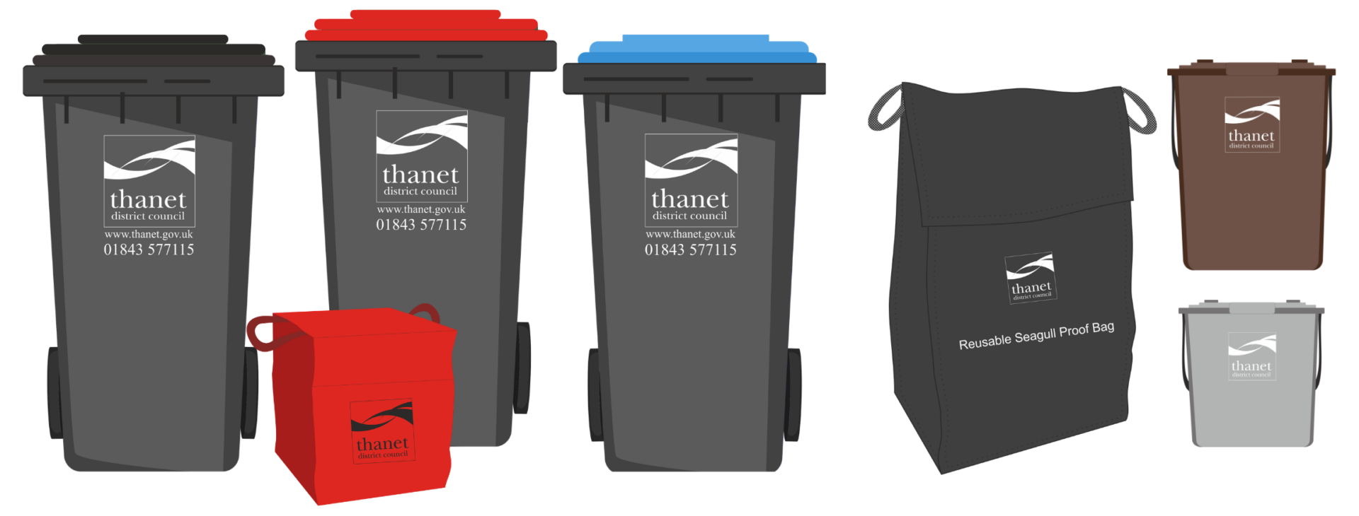 Illustrations of Thanet District Council's bins. These include general waste, recycling, seagull sacks, food waste.