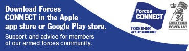 Download Forces CONNECT in the Apple app store or Google Play store. Support and advice for members of our armed forces community. Featuring the Forces Connect and Armed Forces Covenant logos.