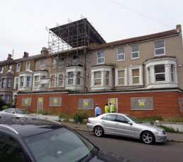 Front of the house with scaffolding