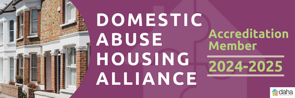 Domestic Abuse Housing Alliance logo, brick houses with purple background and green text which says Accreditation Member 2024-2025