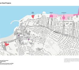 Margate Town Deal projects map showing Dreamland, Winter Gardens, Skatepark, Oval Bandstand and Access Walpole