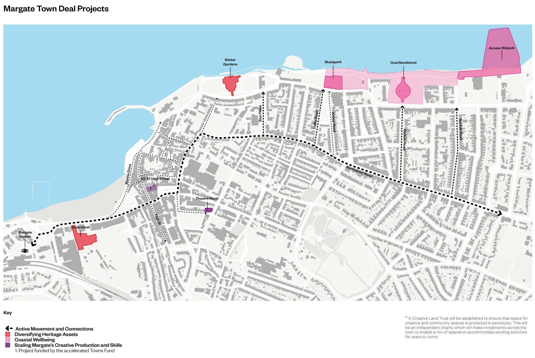 Margate Town Deal projects map showing Dreamland, Winter Gardens, Skatepark, Oval Bandstand and Access Walpole