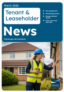 Cover of the March 2026 Tenant and Leaseholder News. A female worker wearing a blue hard hat and yellow high-vis vest inspects the outside window of a brick house using a handheld scanning device.