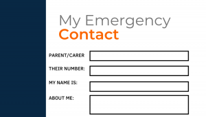 Back of the Community Shield business card showing contact details for emergencies