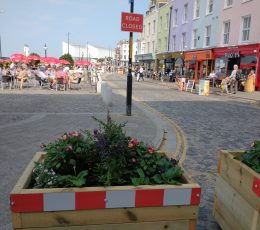 View of road closure from flower boxes