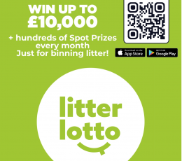 Bright green box with a white circle inside and 'Litter Lotto' in green writing. QR code to the top right of the image.