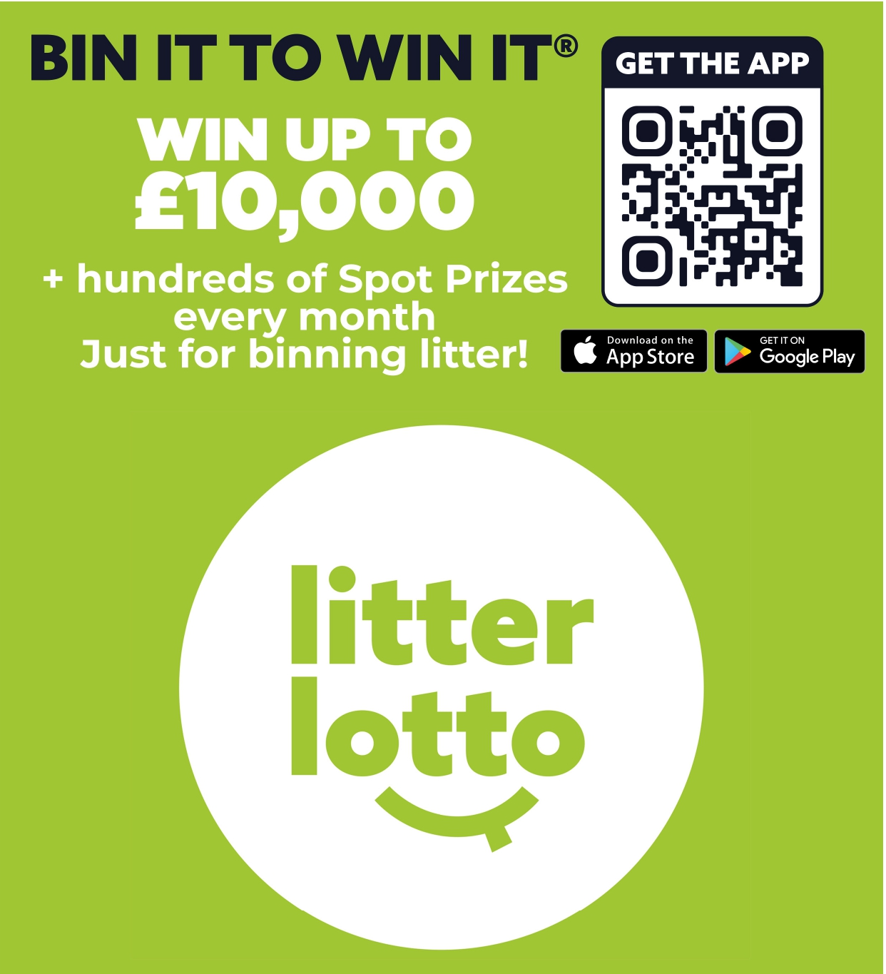 Bright green box with a white circle inside and 'Litter Lotto' in green writing. QR code to the top right of the image.