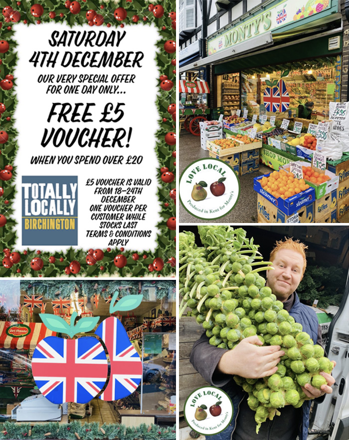 A collage of images of Monty's shop front featuring fruit and vegetables.