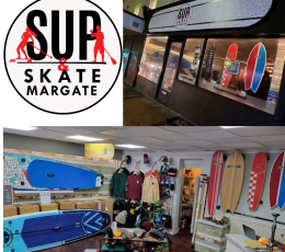 Collage picture of SUP logo and shop front and interior featuring colourful surf boards.