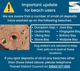 Dark blue image with yellow warning triangle with text. Picture of a black item circled on a sandy beach.