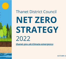Thanet District Council Net Zero Strategy - blue text on cream background. Sidebar to right with illustration of yellow sun on blue sky above trees, land and water