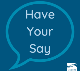 Have your say written inside a speech bubble - light blue text on dark blue background