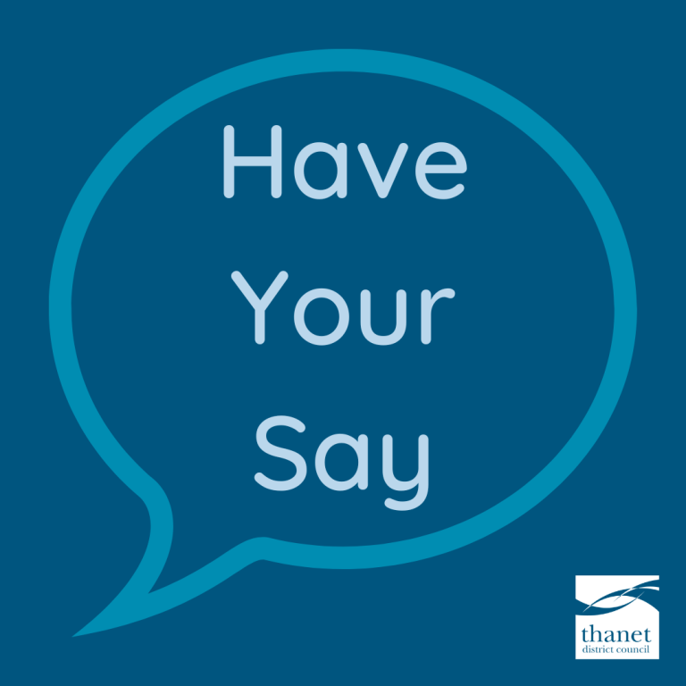 Have your say written inside a speech bubble - light blue text on dark blue background