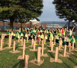 Children from St Laurence-in-Thanet CE Junior Academy with the mini-woodland in Warre Recreation Ground