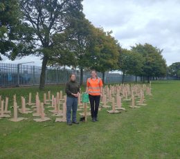 Two staff members with the newly planted trees