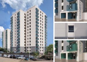 Option C - Light grey window frames. Kennedy House - pacific blue balconies and entrance feature colour. Trove Court - marine green balconies and entrance feature colour. Off white building render for both.