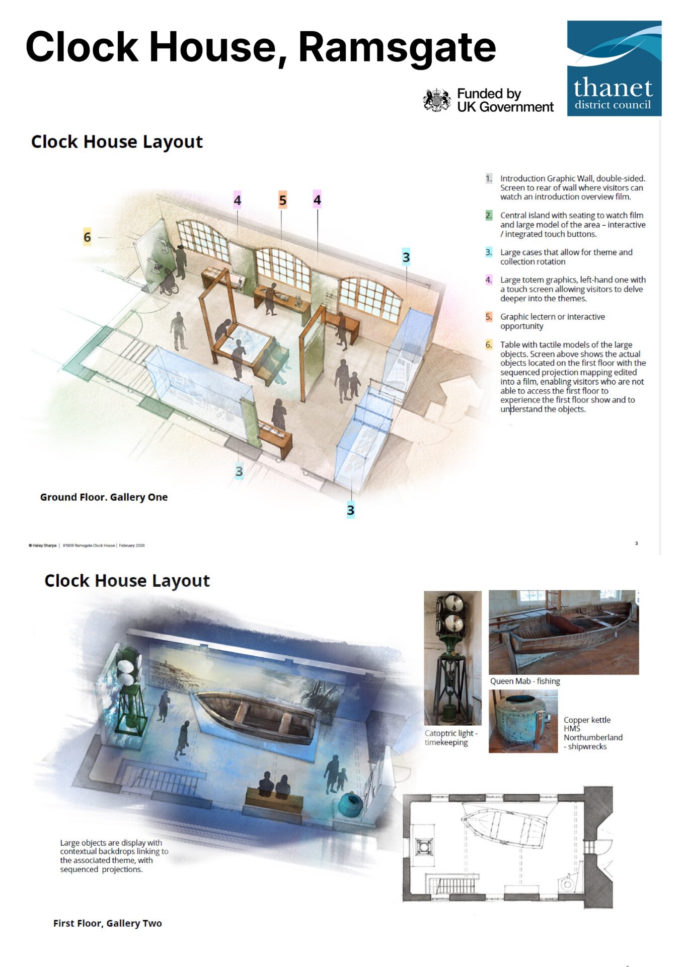Information poster for Clock House Ramsgate museum showing floor plans, exhibit layouts, and key features for Ground Floor Gallery One and First Floor Gallery Two.