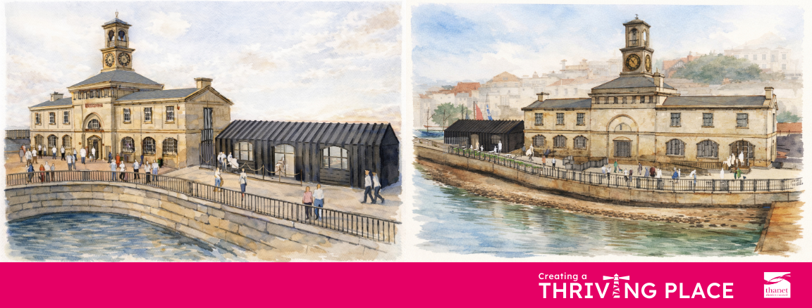 Two watercolor illustrations showing the proposed design for the Ramsgate Clock House, featuring the historic stone building alongside a new, modern, single-story black extension on the waterfront.