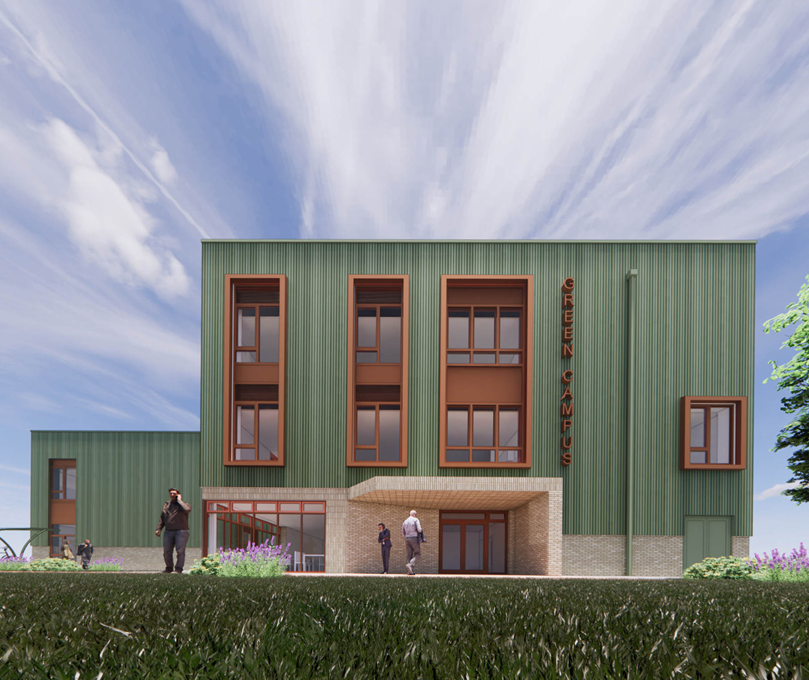 artist’s image of a two storey building with green cladding and large brown rectangular windows.