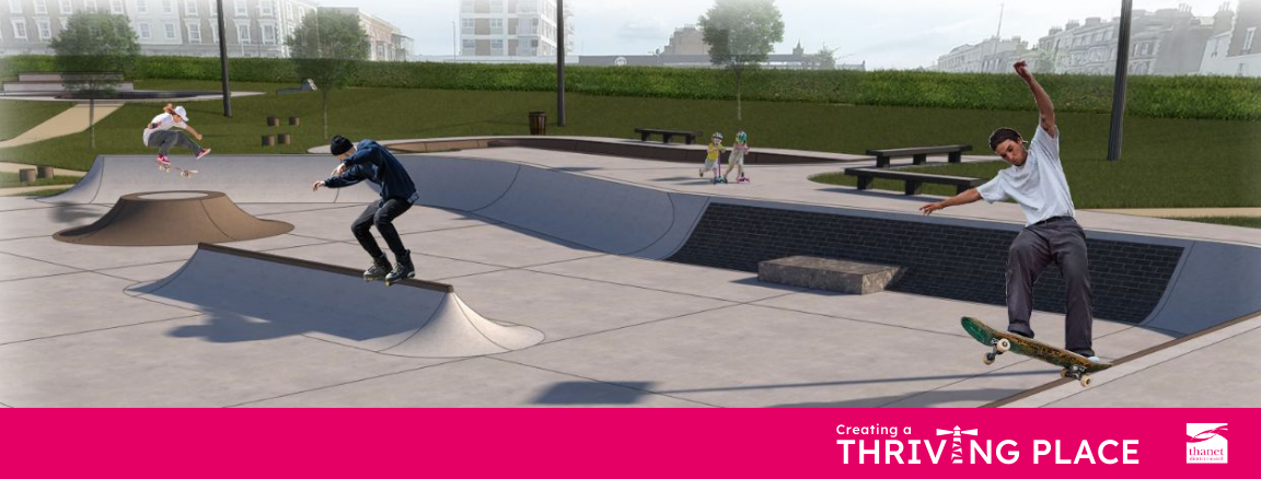 A digital design rendering of the proposed Margate Skatepark. The image shows people skateboarding, rollerblading, and riding scooters on concrete ramps, quarter pipes, and rails. At the bottom is a pink banner with the Thanet District Council logo and the text 'Creating a THRIVING PLACE