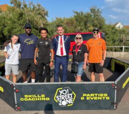 Margate Mayor standing with young people and some session leaders inside a Yo Street Zone hexagon pen.