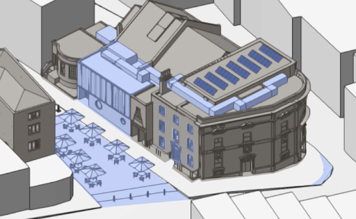 A 3D architectural rendering of the Theatre Royal focusing on specific renovations. The building is shown in grey, while key upgrades are highlighted in light blue. These highlighted features include the solar panels and ventilation systems on the roof, the windows on the front facade, the modern side extension, and the pedestrianized street area with outdoor seating and bollards.