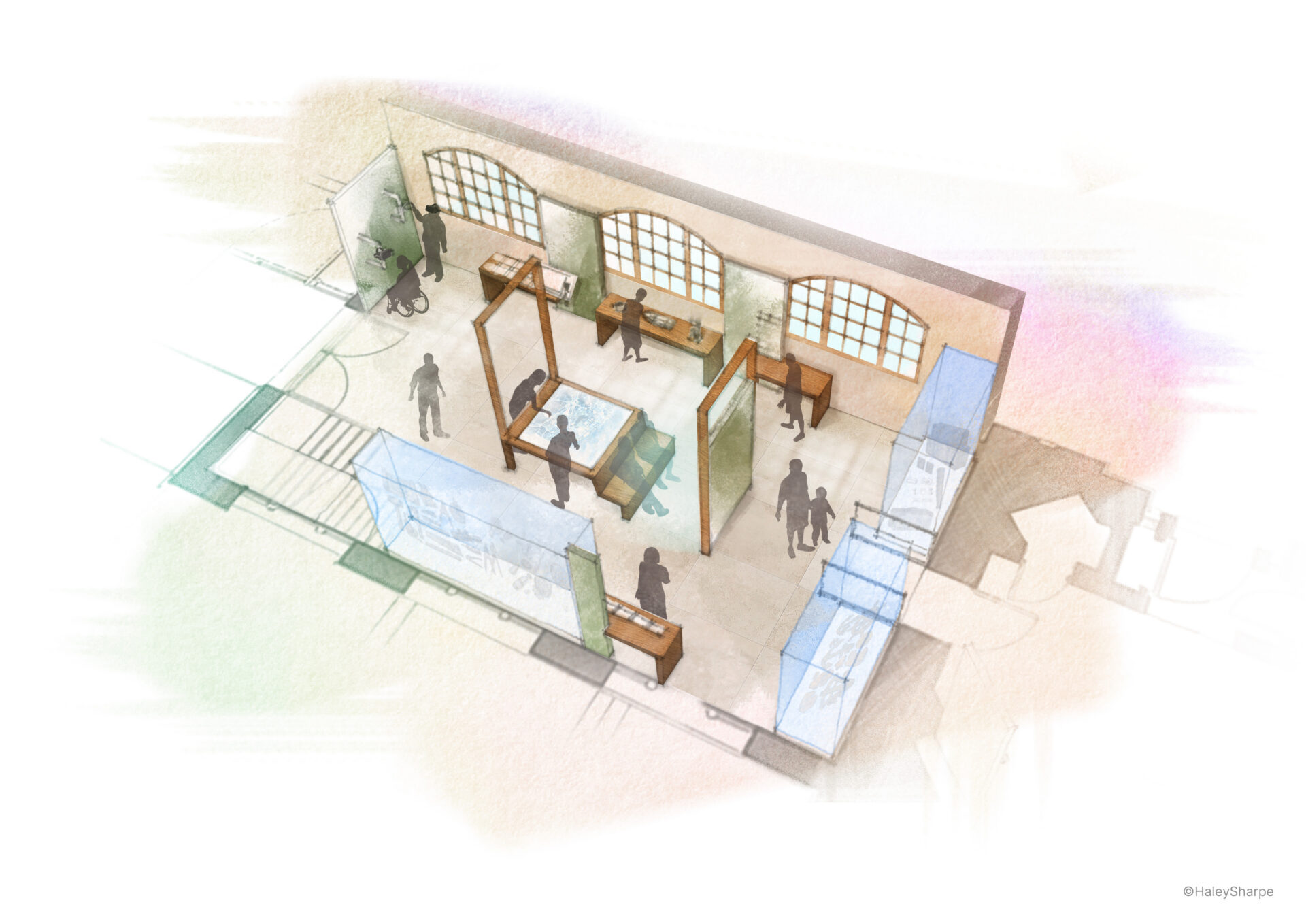 Concept design rendering for a museum gallery featuring a historic wooden boat display, large maritime wall murals, and interactive exhibits.