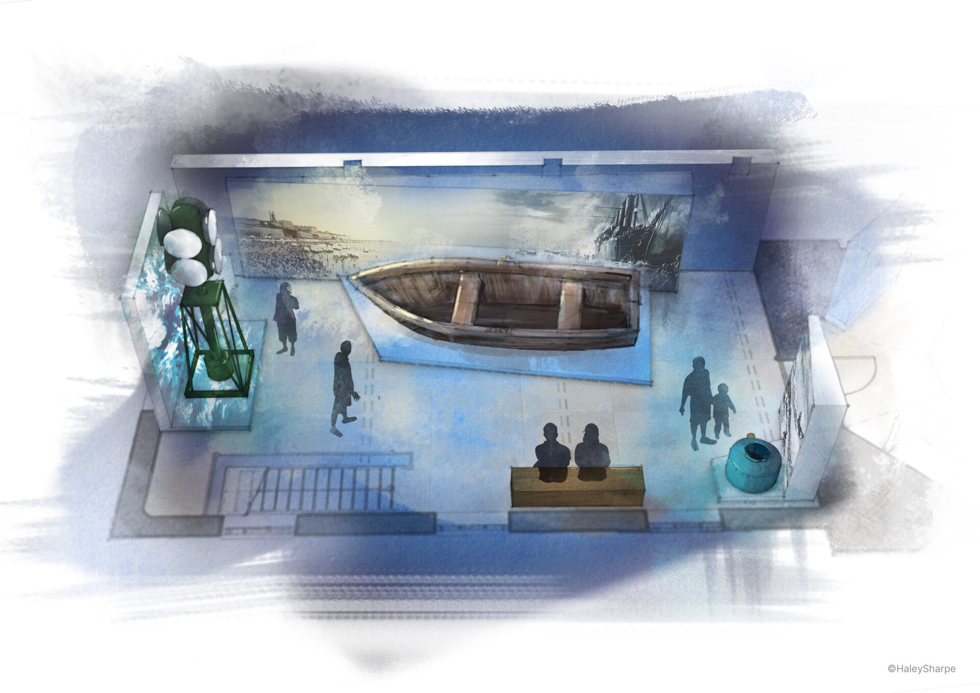Concept design rendering for a bright museum gallery with large arched windows, central interactive display tables, and glass showcases.