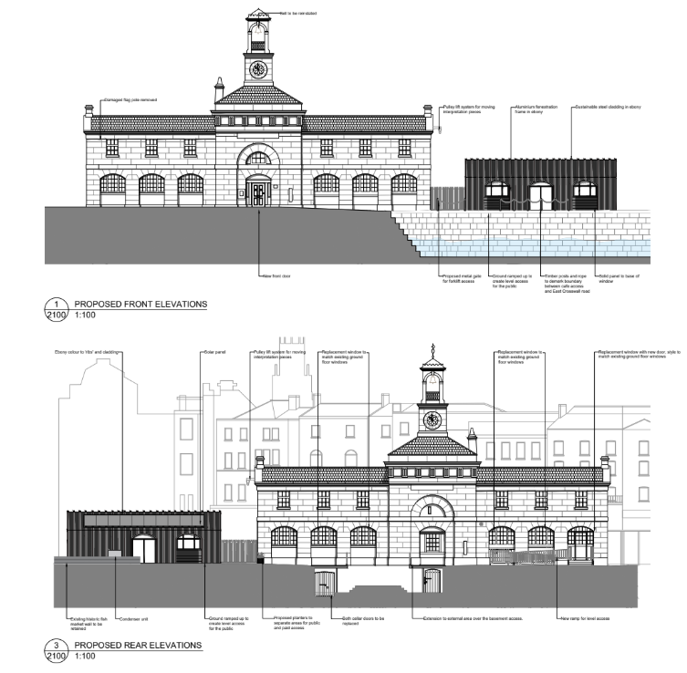 An image showing the proposed elevations for the refurbished Clock House and new cafe building.