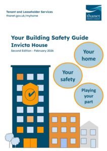 Front cover of the Thanet District Council 'Your Building Safety Guide' for Invicta House, Second Edition - February 2026. The graphic layout is identical to the Harbour Towers cover, including the tall dark blue tower block illustration with a safety shield and checkmark icon, with the text updated specifically for Invicta House.