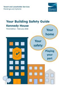 Front cover of the Thanet District Council 'Your Building Safety Guide' for Kennedy House, Third Edition - February 2026. The graphic layout is identical to the Harbour Towers cover, showing the tall dark blue tower block illustration with a safety shield and checkmark icon, with the text updated specifically for Kennedy House, Third Edition.
