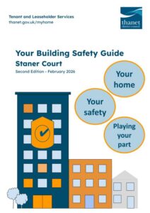 Front cover of the Thanet District Council 'Your Building Safety Guide' for Staner Court, Second Edition - February 2026. The graphic layout is identical to the Harbour Towers cover, showing the tall dark blue tower block illustration with a safety shield and checkmark icon, with the text updated specifically for Staner Court.