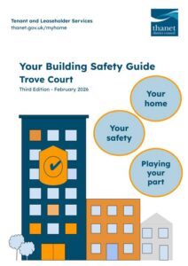 Front cover of the Thanet District Council 'Your Building Safety Guide' for Trove Court, Third Edition - February 2026. The graphic layout is identical to the Harbour Towers cover, showing the tall dark blue tower block illustration with a safety shield and checkmark icon, with the text updated specifically for Trove Court, Third Edition.