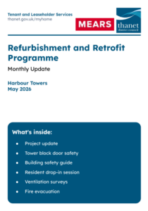 Newsletter cover for the Tenant and Leaseholder Services Refurbishment and Retrofit Programme Monthly Update for Harbour Towers, May 2026. Features logos for MEARS and Thanet District Council. Contents include: Project update, Tower block door safety, Building safety guide, Resident drop-in session, Ventilation surveys, and Fire evacuation.