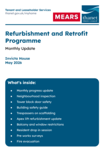 Newsletter cover for the Tenant and Leaseholder Services Refurbishment and Retrofit Programme Monthly Update for Invicta House, May 2026. Features logos for MEARS and Thanet District Council. Contents listed: Monthly progress update, Neighbourhood inspection, Tower block door safety, Building safety guide, Trespassers on scaffolding, Apex lift refurbishment update, Balcony and window restrictions, Resident drop-in session, Pre works surveys, and Fire evacuation.