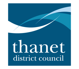 Thanet district council white text, on dark blue background , stylised wave motif in shades of blue above it.