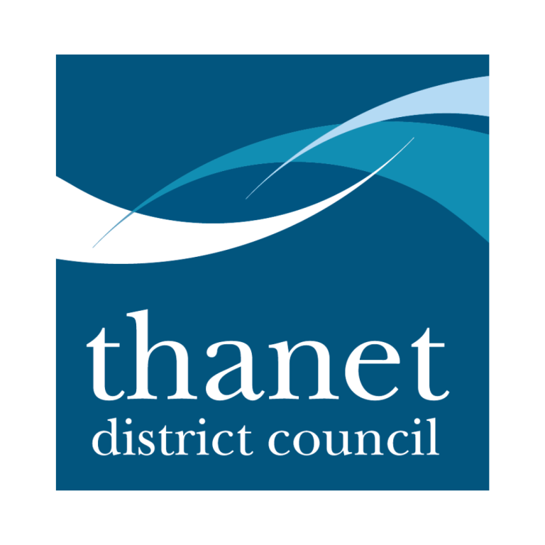 Thanet district council white text, on dark blue background , stylised wave motif in shades of blue above it.