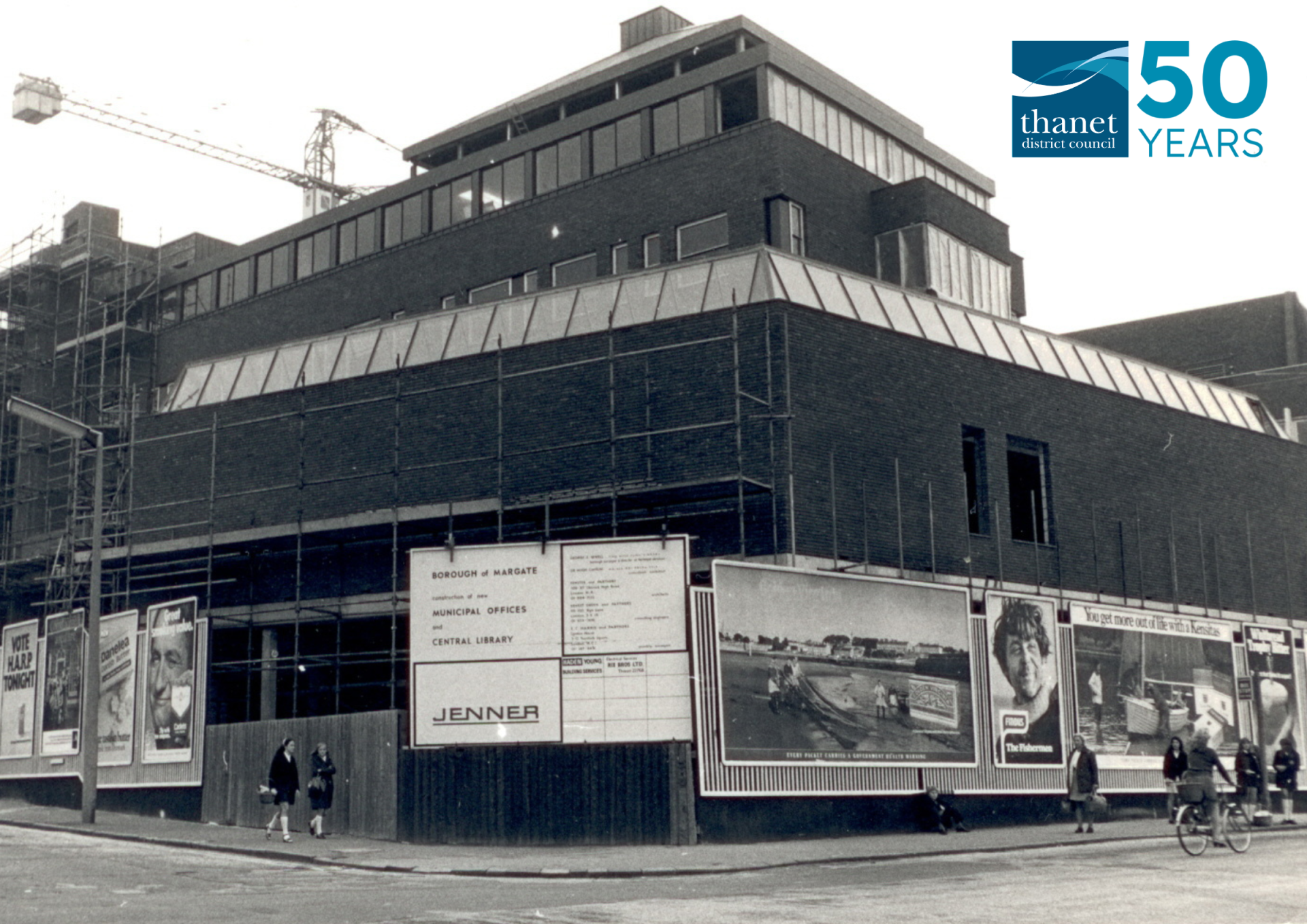 an old image of the Thanet Gateway building on Cecil Square under construction, with a special edition of the council's logo to commemorate the council's 50th anniversary