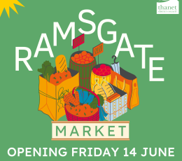 an illustration of a market stall, text reading 'Ramsgate Market - opening Friday 14 June'