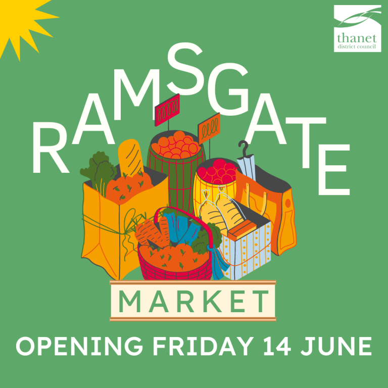 an illustration of a market stall, text reading 'Ramsgate Market - opening Friday 14 June'