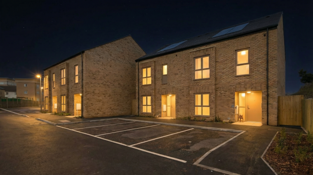 Nighttime view of modern, light-brick terraced houses with warm light glowing from the windows and front entrances. A newly laid tarmac parking area with white painted bays sits in the foreground, illuminated by nearby streetlights.