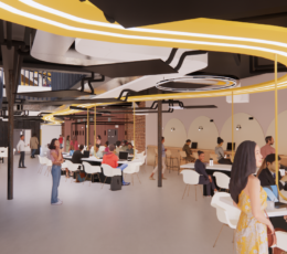 Visualisation of the interior of Margate Digital showing people walking and sitting.