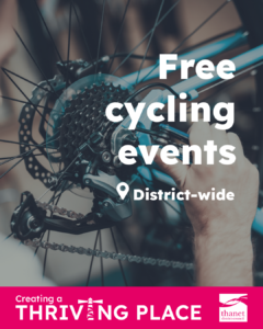 Image shows a bike chain being fixed with free cycling events, district-wide written and creating a thriving place along the bottom with Thanet District Council's logo