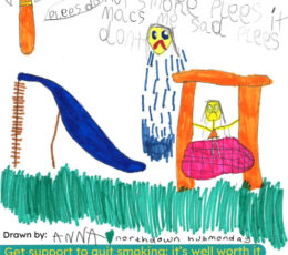 Hand drawn image of kids at a park, please do not smoke please uit makes me sad please don't