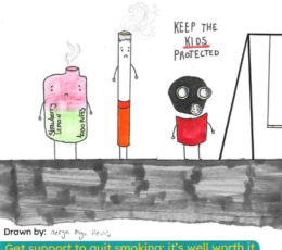 Hand drawn vape, cigarette and gas mask at a play park. Keep the kids protected