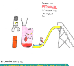 Drawing of a cigarette and vape with a child going down a slide - smoking isn't personal the children here can smell it too