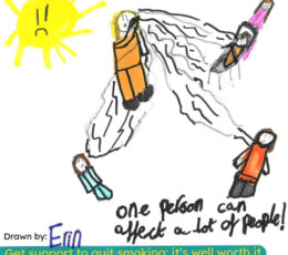 Hand drawn image of one person smoking/vaping and 4 others being in the vicinity, one person can affect a lot of people